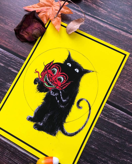 Nine Lives-Vintage Halloween Cat- Wall Decor Print
